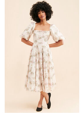 Selkie Floral Day Dress Cream Pink Cotton Square Neck Puff Sleeve Midi Size